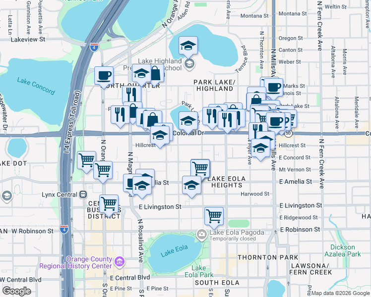 map of restaurants, bars, coffee shops, grocery stores, and more near 400 East Colonial Drive in Orlando