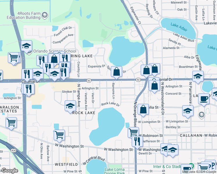 map of restaurants, bars, coffee shops, grocery stores, and more near 636 North Rio Grande Avenue in Orlando