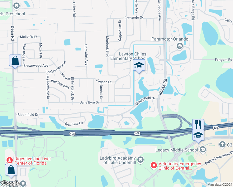 map of restaurants, bars, coffee shops, grocery stores, and more near 10625 Inverson Street in Orlando