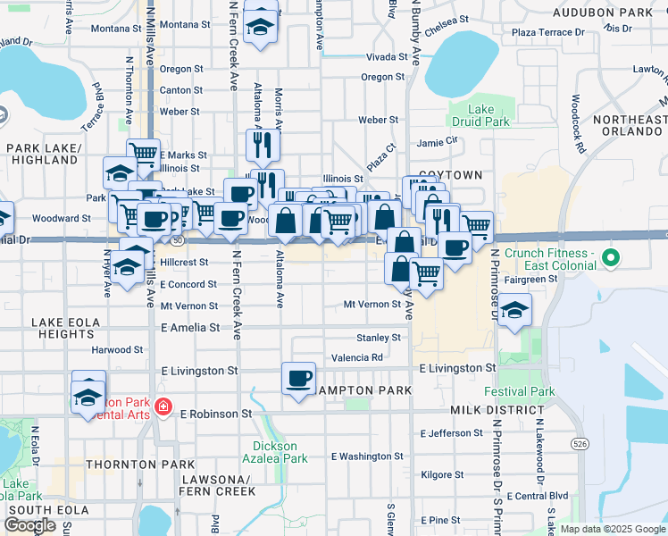 map of restaurants, bars, coffee shops, grocery stores, and more near 2000 Hillcrest Street in Orlando