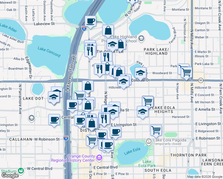 map of restaurants, bars, coffee shops, grocery stores, and more near 107 Hillcrest Street in Orlando