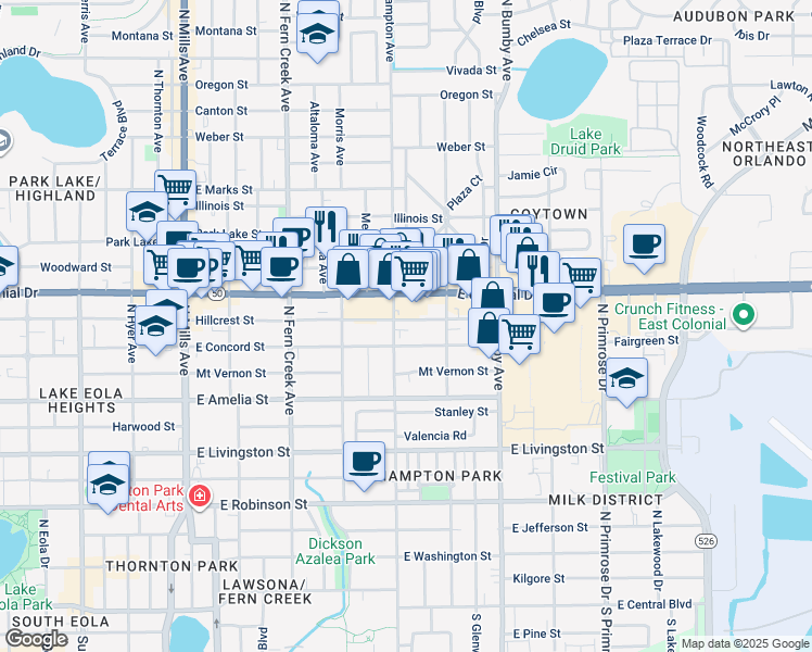 map of restaurants, bars, coffee shops, grocery stores, and more near 2000 Hillcrest Street in Orlando