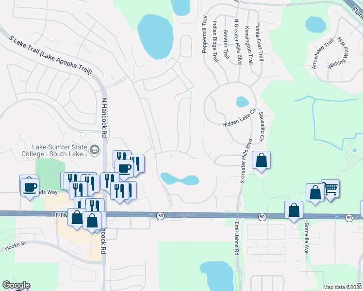 map of restaurants, bars, coffee shops, grocery stores, and more near 1126 Everest Street in Clermont