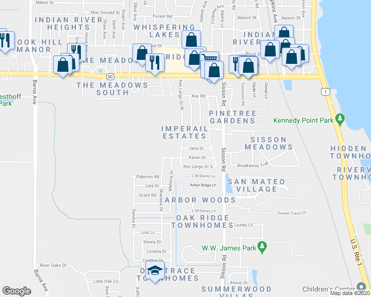 map of restaurants, bars, coffee shops, grocery stores, and more near 730 Jana Drive in Titusville