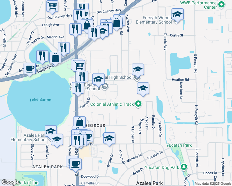 map of restaurants, bars, coffee shops, grocery stores, and more near 5821 Willow Leaf Court in Orlando