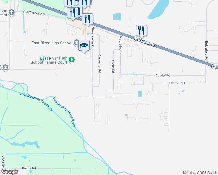 map of restaurants, bars, coffee shops, grocery stores, and more near 326 Glenn Road in Orlando