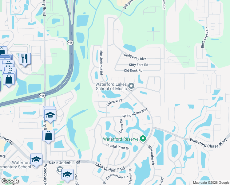 map of restaurants, bars, coffee shops, grocery stores, and more near 739 Waterland Court in Orlando