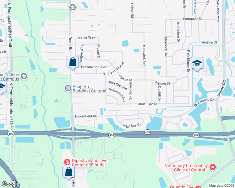 map of restaurants, bars, coffee shops, grocery stores, and more near 10337 Cedarhurst Avenue in Orlando