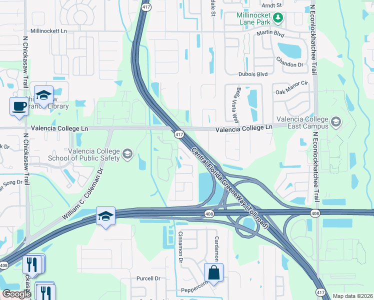 map of restaurants, bars, coffee shops, grocery stores, and more near 8813 Valencia Oaks Court in Orlando
