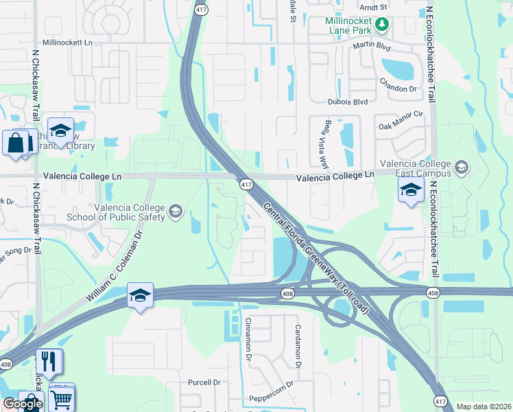 map of restaurants, bars, coffee shops, grocery stores, and more near 8813 Valencia Oaks Court in Orlando