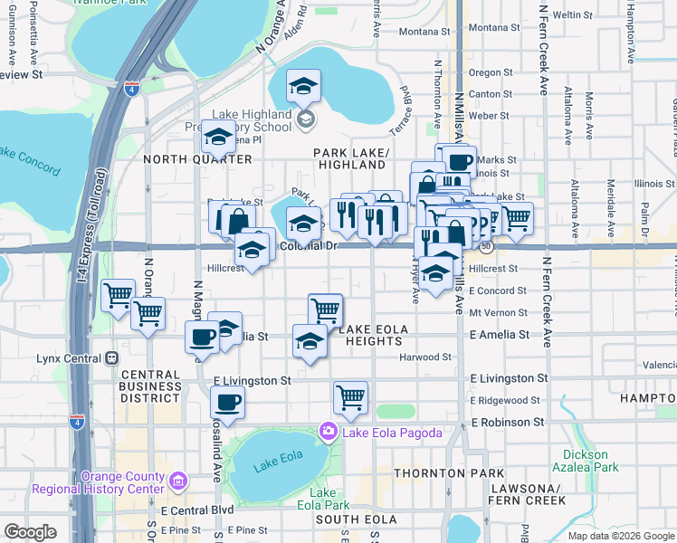 map of restaurants, bars, coffee shops, grocery stores, and more near 603 Hillcrest Street in Orlando