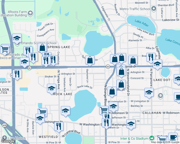 map of restaurants, bars, coffee shops, grocery stores, and more near 639 Ramona Lane in Orlando