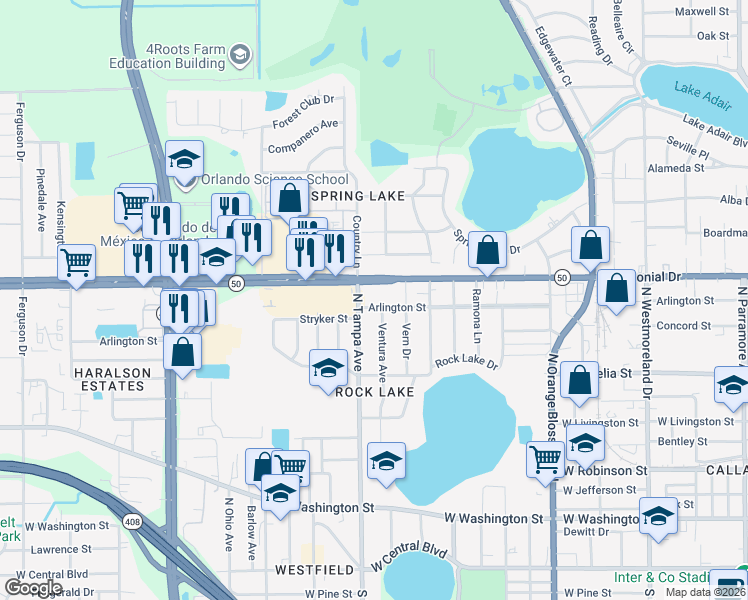 map of restaurants, bars, coffee shops, grocery stores, and more near 1904 West Colonial Drive in Orlando