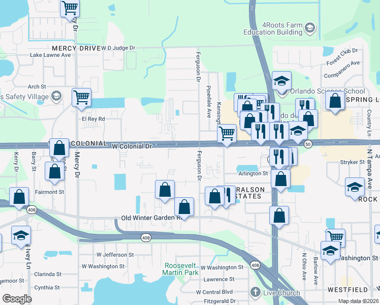 map of restaurants, bars, coffee shops, grocery stores, and more near 3600 Florida 50 in Orlando