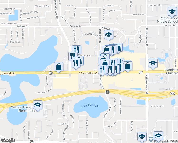 map of restaurants, bars, coffee shops, grocery stores, and more near 7915 Arabian Place in Orlando