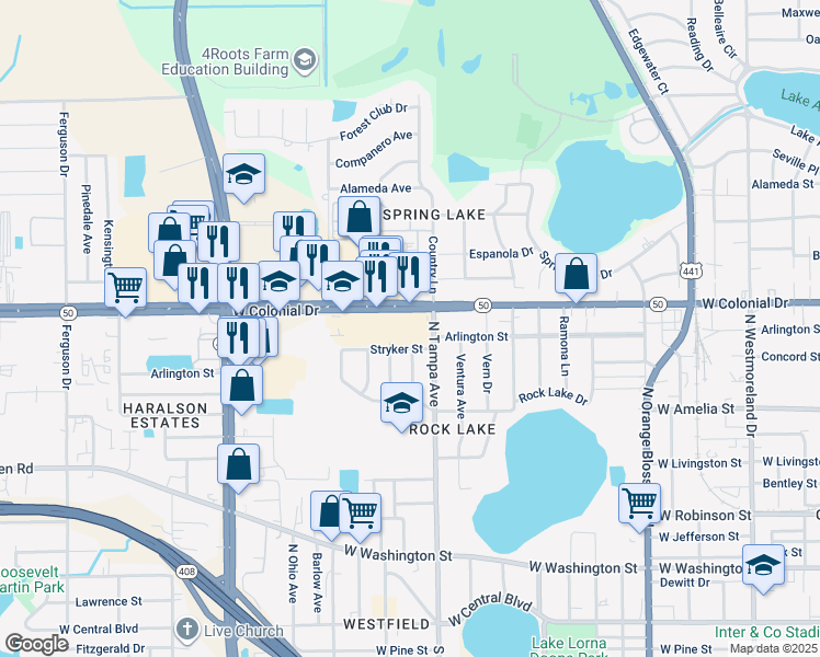 map of restaurants, bars, coffee shops, grocery stores, and more near 2030 West Colonial Drive in Orlando