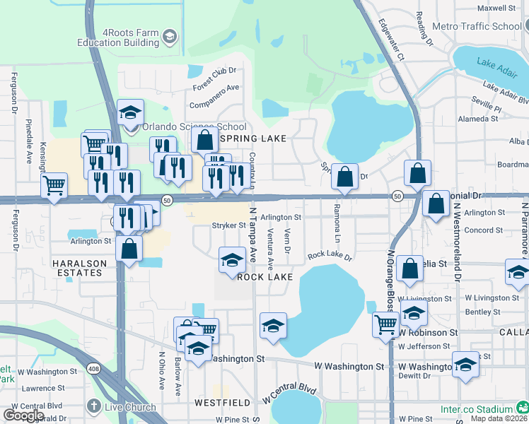 map of restaurants, bars, coffee shops, grocery stores, and more near 1904 West Colonial Drive in Orlando