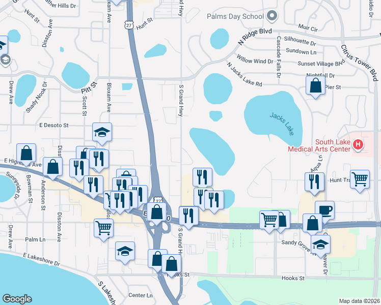 map of restaurants, bars, coffee shops, grocery stores, and more near 855 Lakefront Village Drive in Clermont
