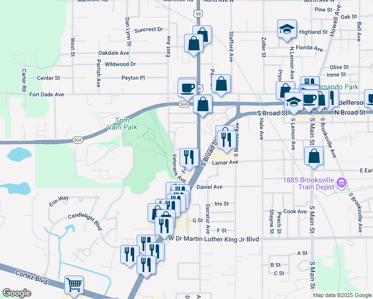 map of restaurants, bars, coffee shops, grocery stores, and more near Benton Avenue in Brooksville