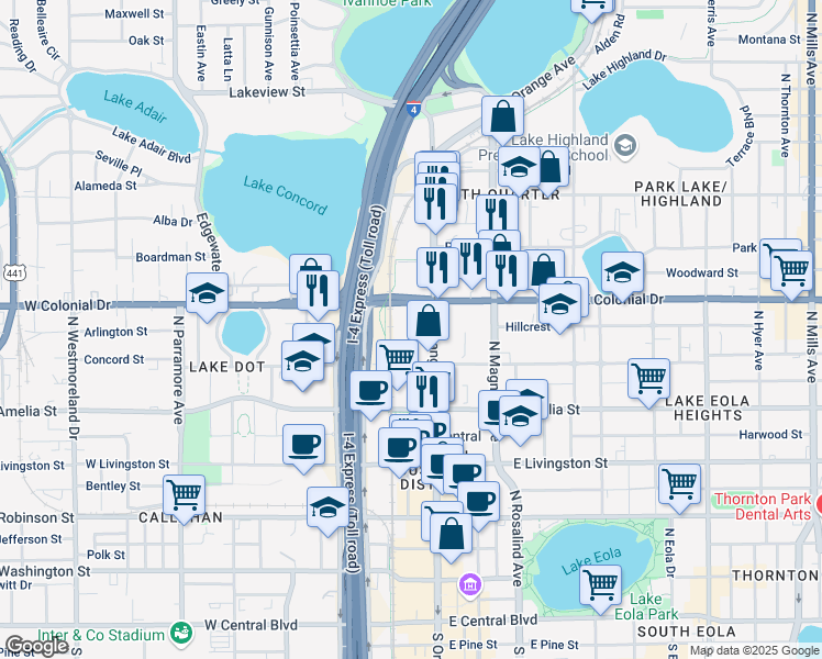 map of restaurants, bars, coffee shops, grocery stores, and more near 668 North Orange Avenue in Orlando