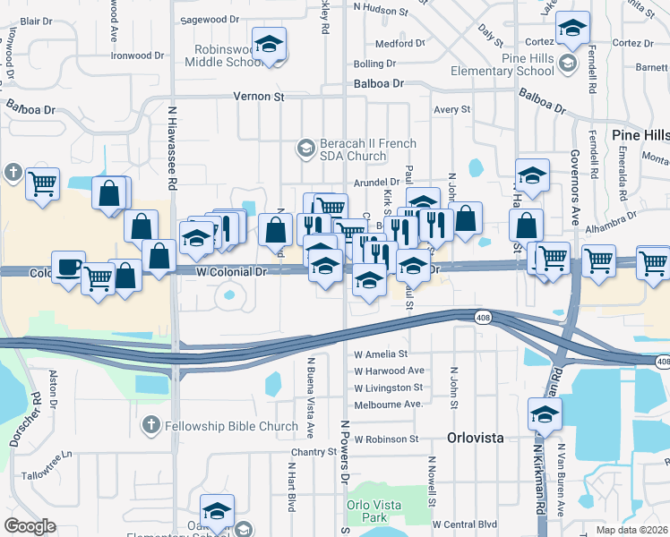 map of restaurants, bars, coffee shops, grocery stores, and more near 6339 West Colonial Drive in Orlando