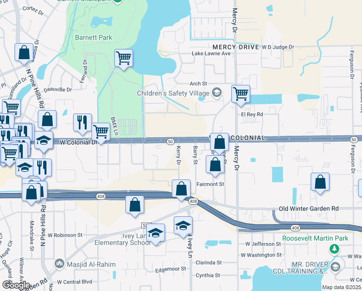 map of restaurants, bars, coffee shops, grocery stores, and more near 4470 West Colonial Drive in Orlando