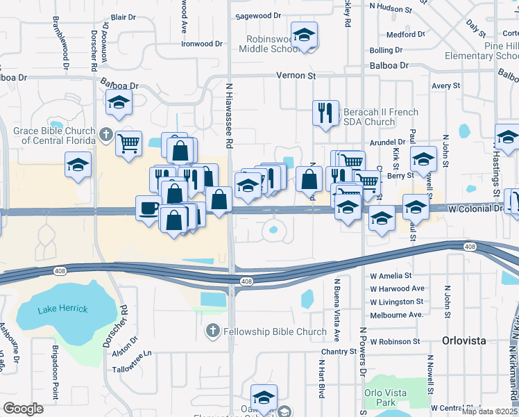 map of restaurants, bars, coffee shops, grocery stores, and more near 6817 West Colonial Drive in Orlando