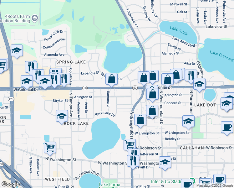 map of restaurants, bars, coffee shops, grocery stores, and more near 1332 West Colonial Drive in Orlando