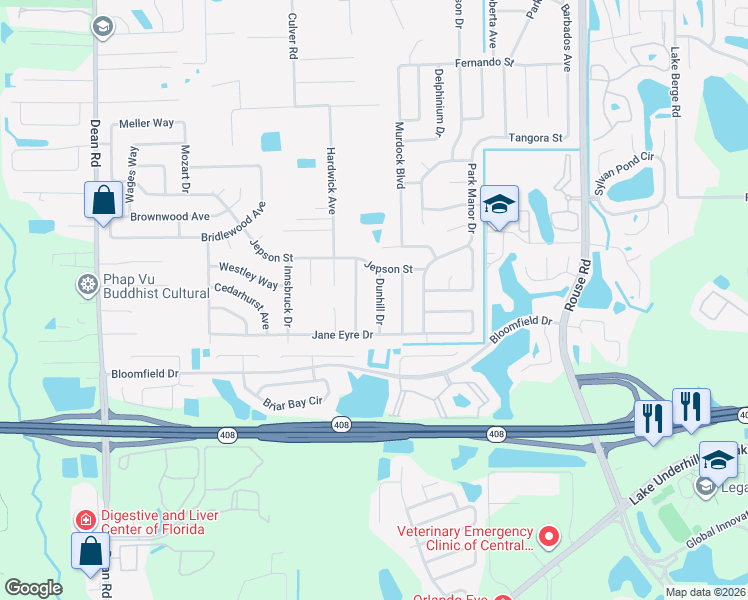 map of restaurants, bars, coffee shops, grocery stores, and more near 734 Dunhill Drive in Orlando