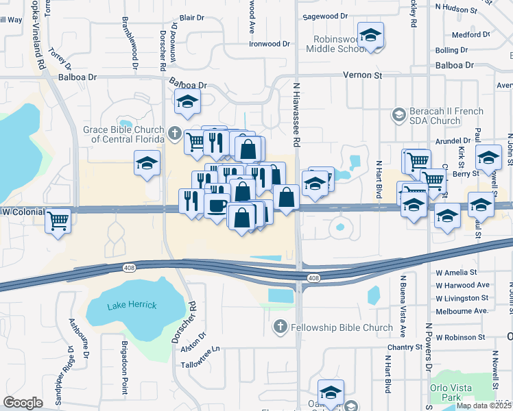 map of restaurants, bars, coffee shops, grocery stores, and more near 7383 W Colonial Dr in Orlando