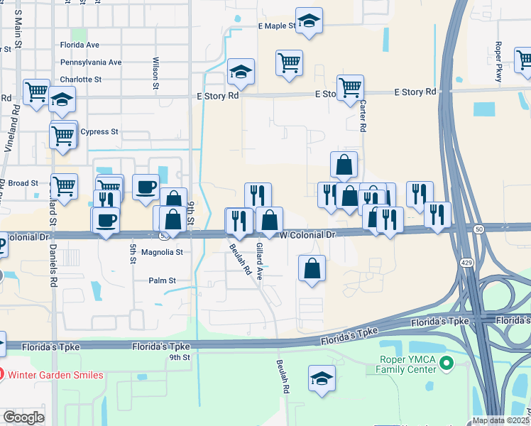 map of restaurants, bars, coffee shops, grocery stores, and more near 12751 West Colonial Drive in Winter Garden