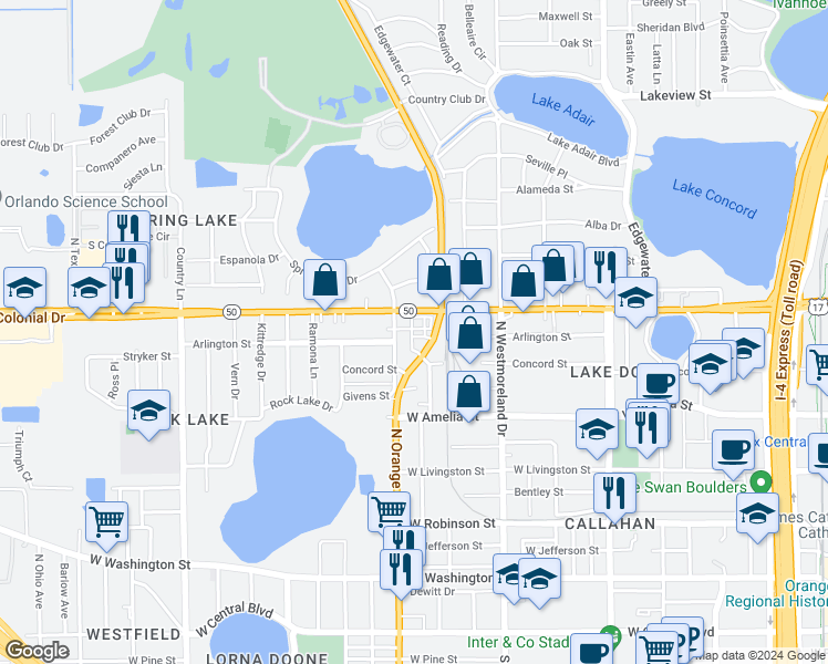 map of restaurants, bars, coffee shops, grocery stores, and more near 1200 West Colonial Drive in Orlando