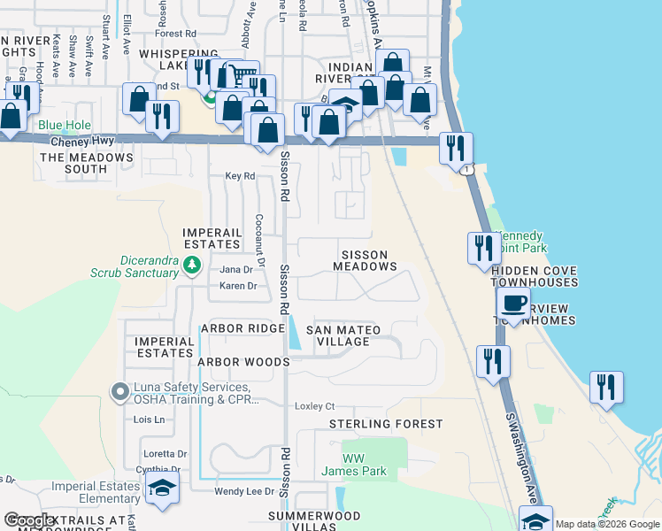 map of restaurants, bars, coffee shops, grocery stores, and more near 244 Breakaway Trail in Titusville