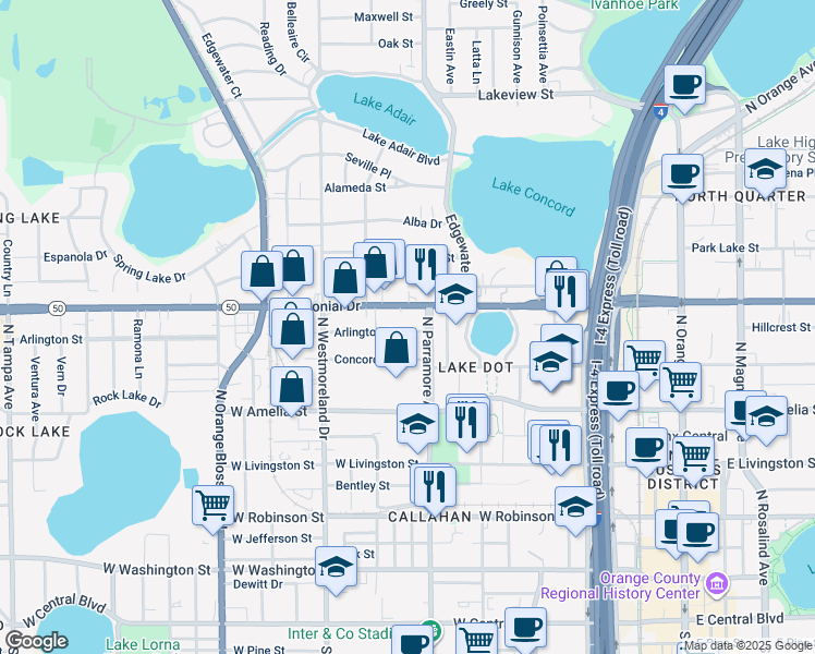 map of restaurants, bars, coffee shops, grocery stores, and more near 717 Arlington Street in Orlando