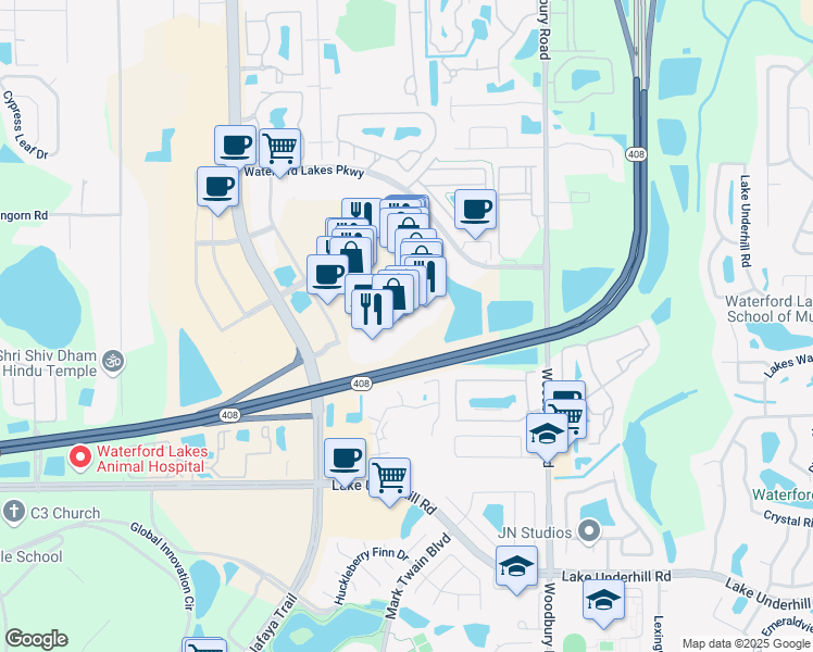 map of restaurants, bars, coffee shops, grocery stores, and more near 361 North Alafaya Trail in Orlando