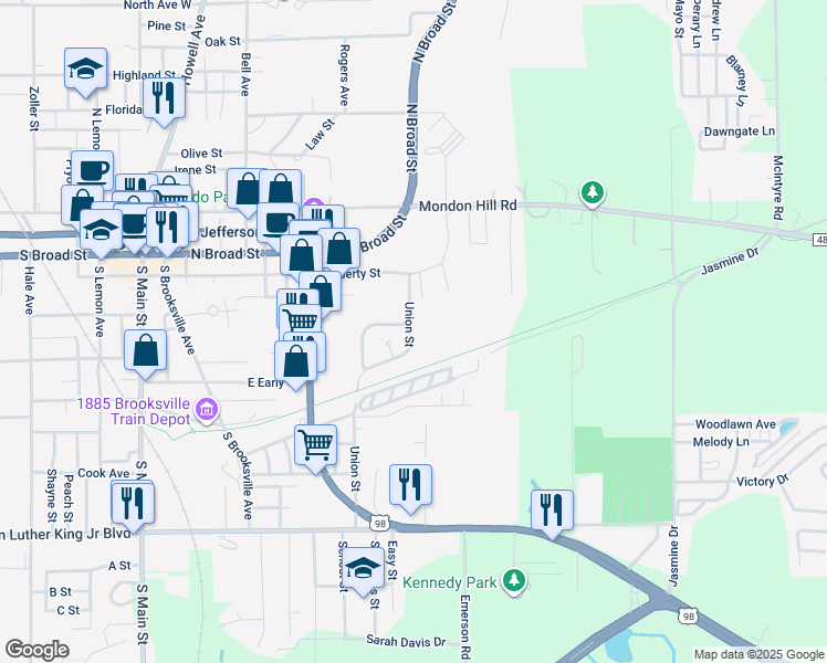 map of restaurants, bars, coffee shops, grocery stores, and more near 307 Union Street in Brooksville