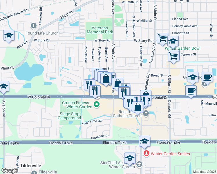 map of restaurants, bars, coffee shops, grocery stores, and more near 14001 West Colonial Drive in Winter Garden