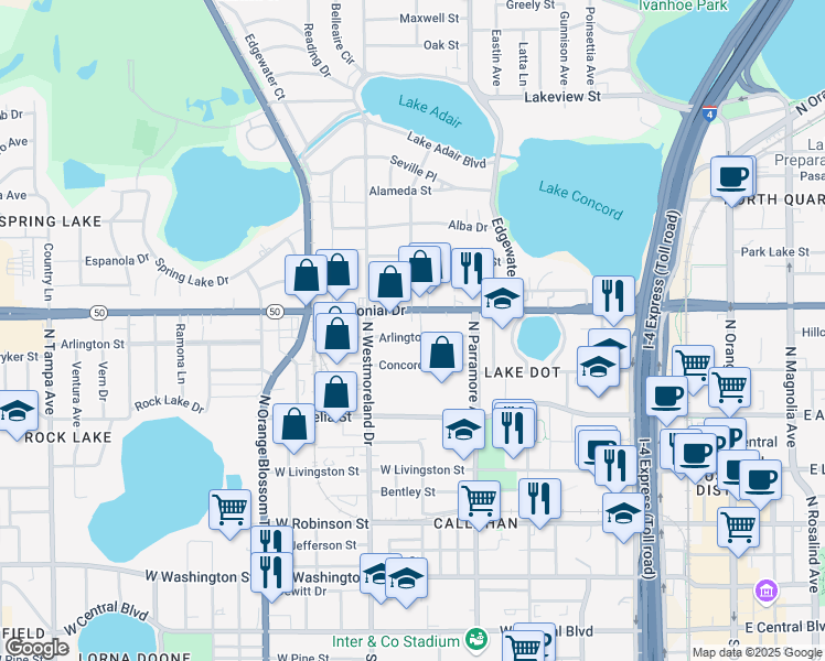 map of restaurants, bars, coffee shops, grocery stores, and more near 811 Arlington Street in Orlando