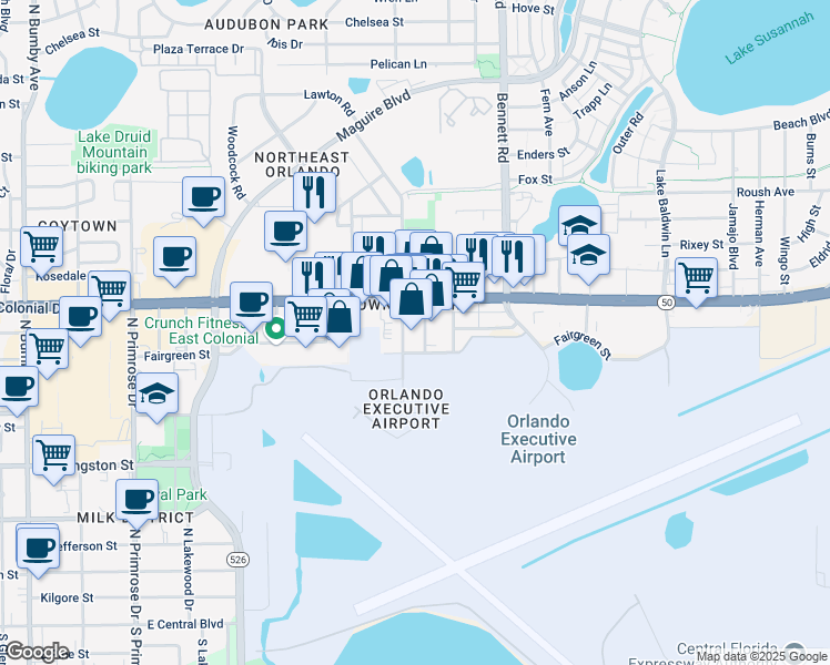map of restaurants, bars, coffee shops, grocery stores, and more near 631 Herndon Avenue in Orlando