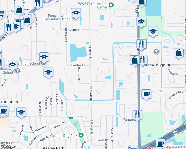 map of restaurants, bars, coffee shops, grocery stores, and more near 615 North Forsyth Road in Orlando