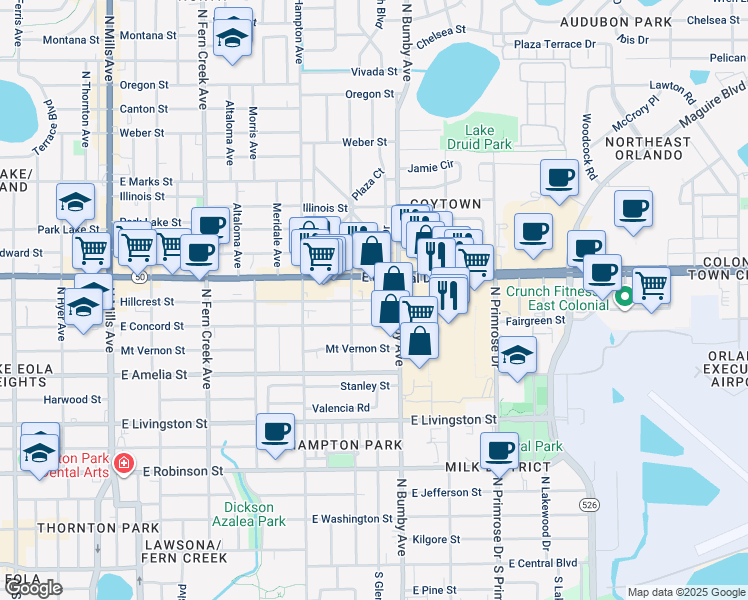map of restaurants, bars, coffee shops, grocery stores, and more near 630 North Bumby Avenue in Orlando