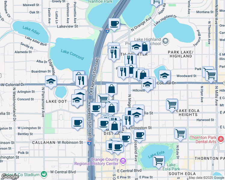 map of restaurants, bars, coffee shops, grocery stores, and more near in Orlando