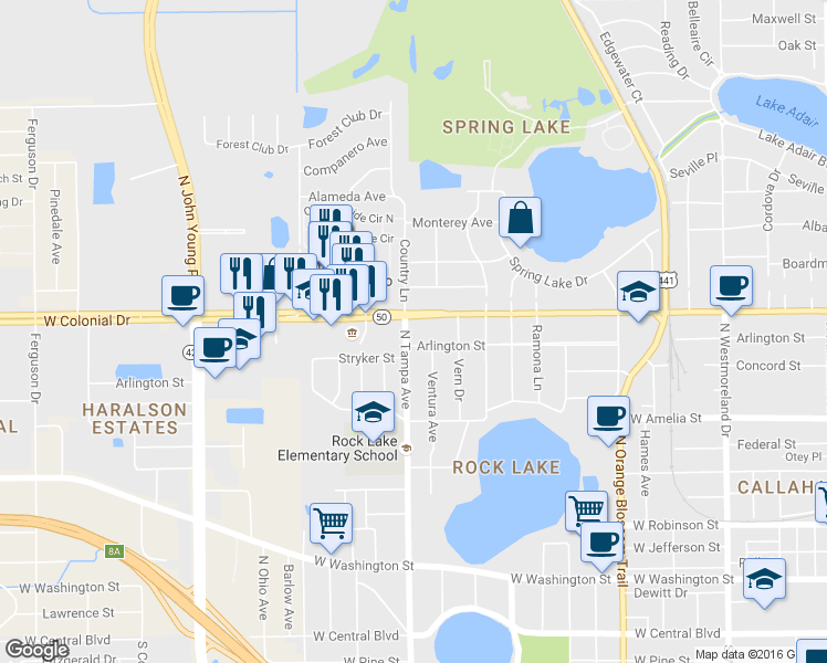map of restaurants, bars, coffee shops, grocery stores, and more near 1904 West Colonial Drive in Orlando