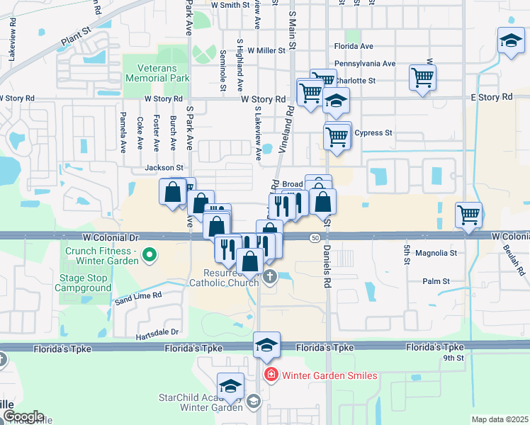 map of restaurants, bars, coffee shops, grocery stores, and more near 136 West Morgan Street in Winter Garden