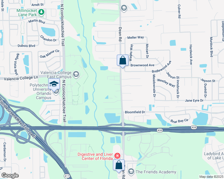 map of restaurants, bars, coffee shops, grocery stores, and more near 720 North Dean Road in Orlando