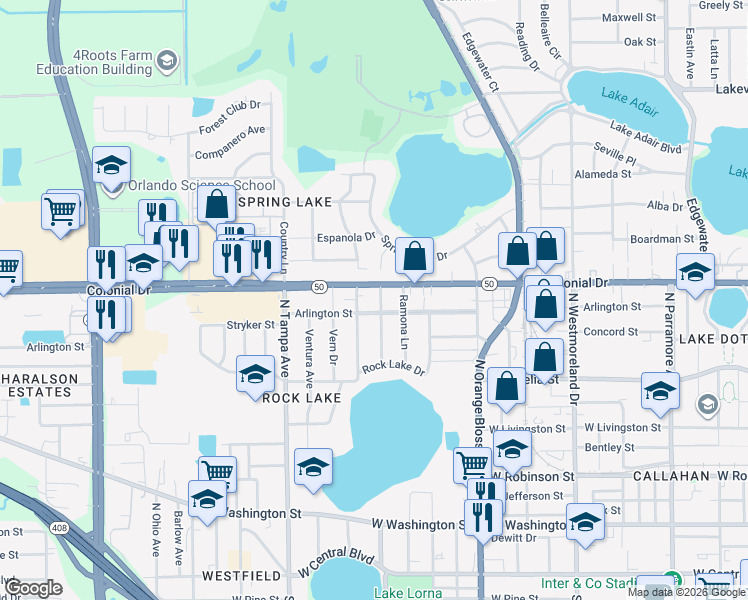 map of restaurants, bars, coffee shops, grocery stores, and more near 636 N Rio Grande Ave in Orlando