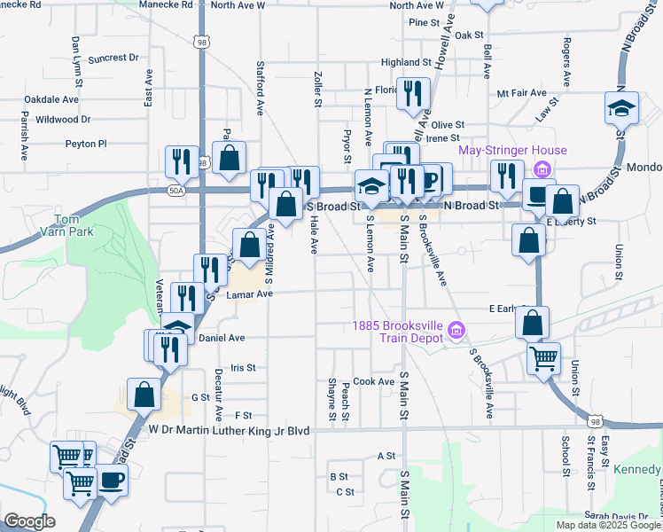 map of restaurants, bars, coffee shops, grocery stores, and more near 406 Garland Avenue in Brooksville