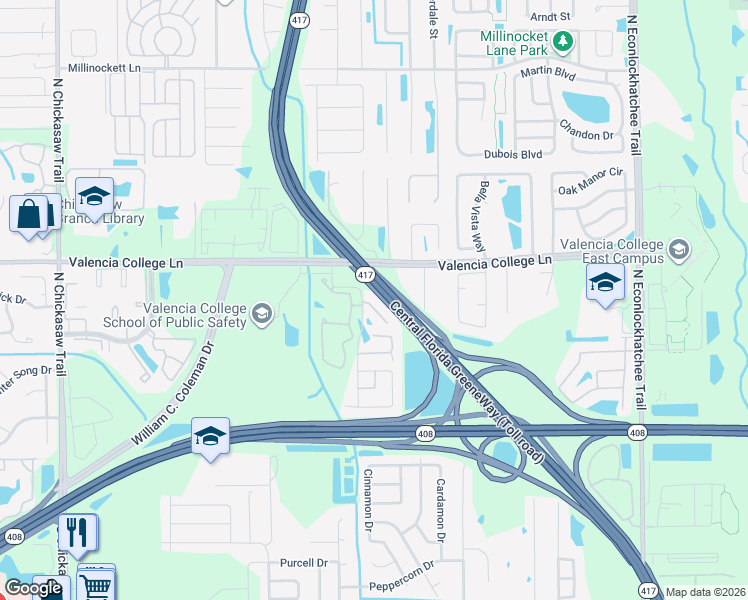 map of restaurants, bars, coffee shops, grocery stores, and more near 8813 Valencia Oaks Court in Orlando