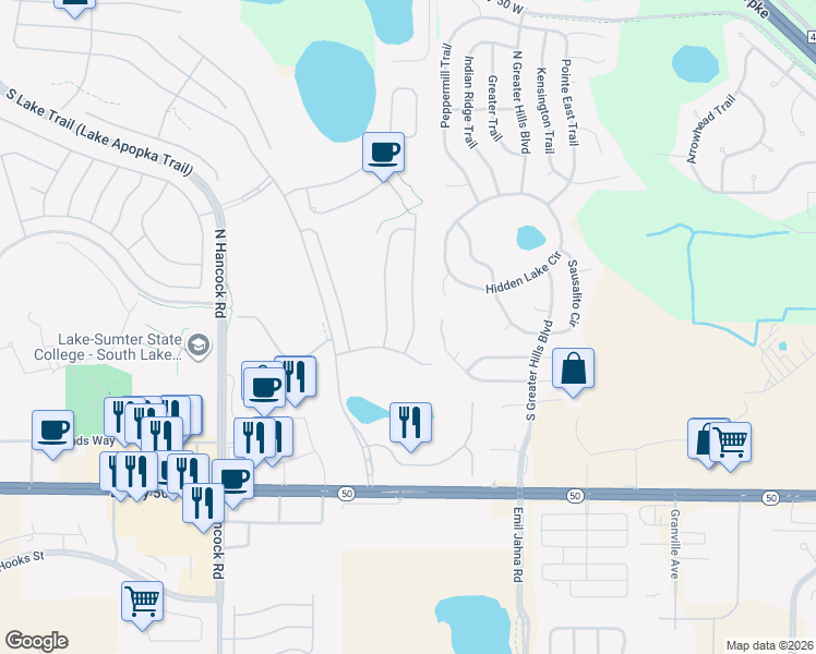 map of restaurants, bars, coffee shops, grocery stores, and more near 1125 Hidden Bluff in Clermont