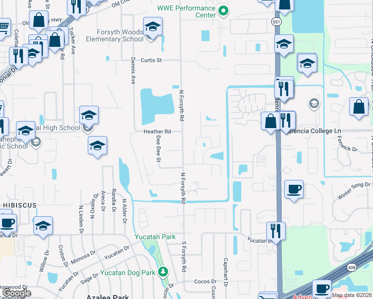map of restaurants, bars, coffee shops, grocery stores, and more near 615 North Forsyth Road in Orlando